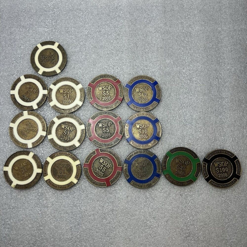 Lot Of 15 2005 Poker Chips Brass WSOP BINION'S  $1, $5 $10,$ 25 $100